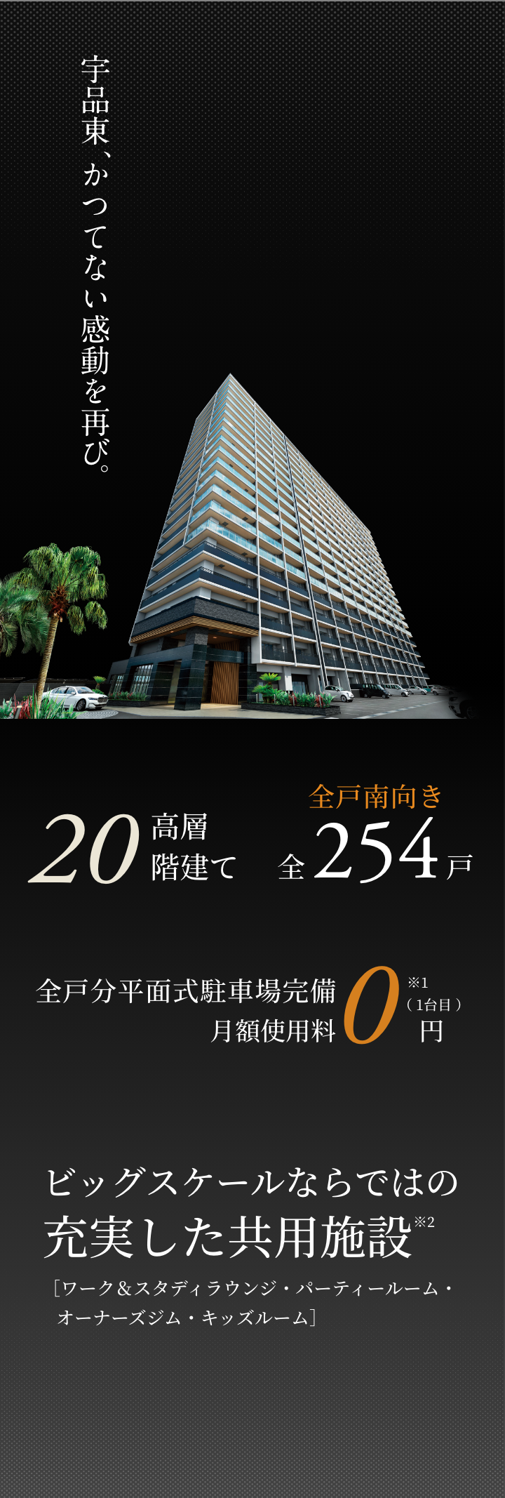 高層20階建て 全戸南向き254戸 全戸分平面式駐車場完備月額使用料0円※1 ビッグスケールならではの充実した共用施設※2（ワーク＆スタディラウンジ、パーティールーム、オーナーズジム、キッズルーム）